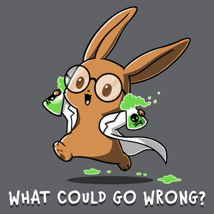 Premium Cotton T-shirt_TeeTurtle What Could Go Wrong? charcoal gray t-shirt featuring  cartoon rabbit wearing glasses and a lab coat, holding two green, bubbling beakers.