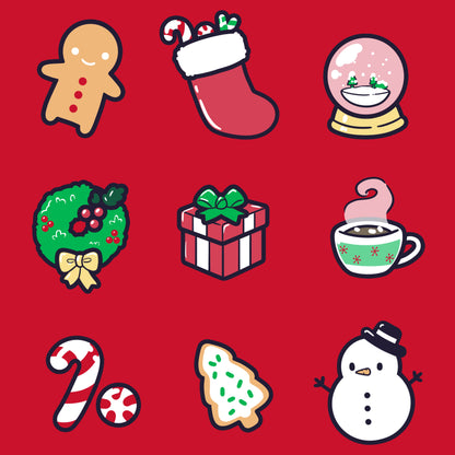 Premium Cotton T-shirt_TeeTurtle Why I Love Christmas red t-shirt featuring 9 classic holiday themed illustrations including a gingerbread man and snowman.