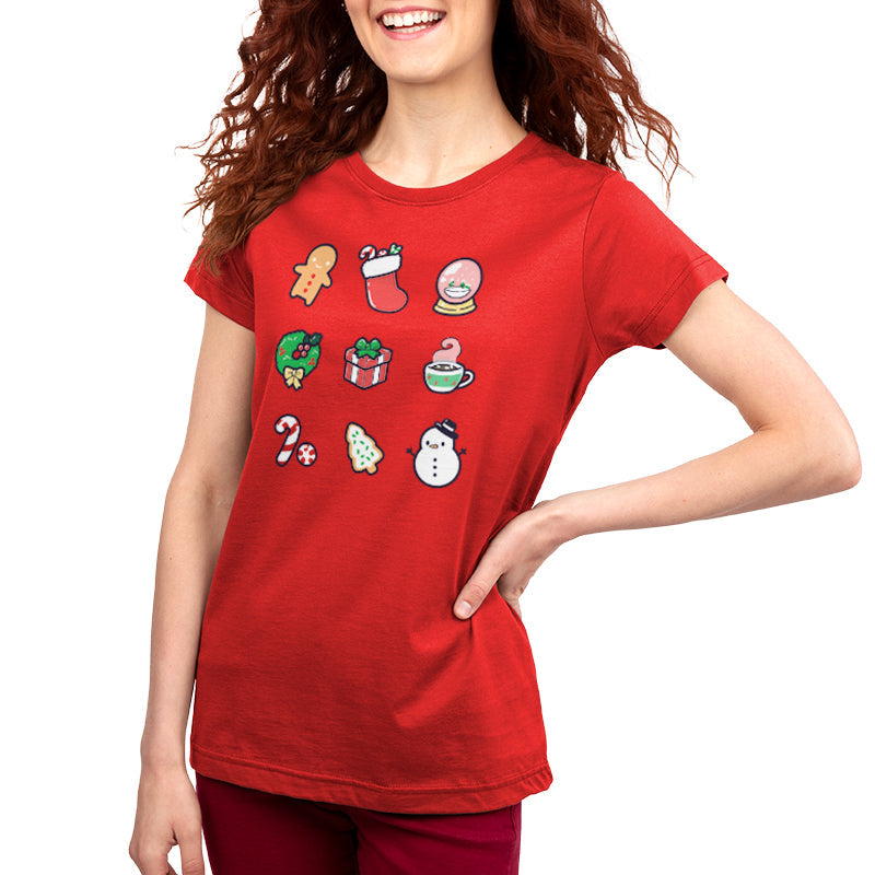 Premium Cotton T-shirt_TeeTurtle Why I Love Christmas red t-shirt featuring 9 classic holiday themed illustrations including a gingerbread man and snowman.