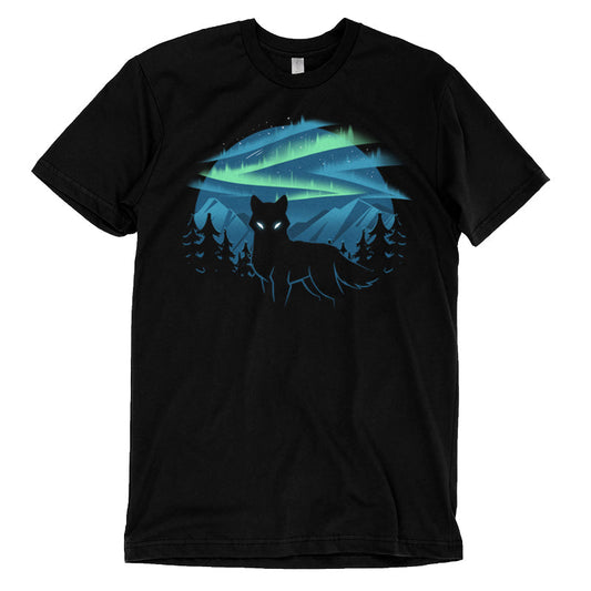 Premium Cotton T-shirt_A black apparel features a silhouette of a wolf with glowing eyes standing in front of a forest and mountains, with the wild aurora illuminating the night sky in the background. Made of super soft ringspun cotton, this Wild Aurora by monsterdigital is both comfortable and striking.