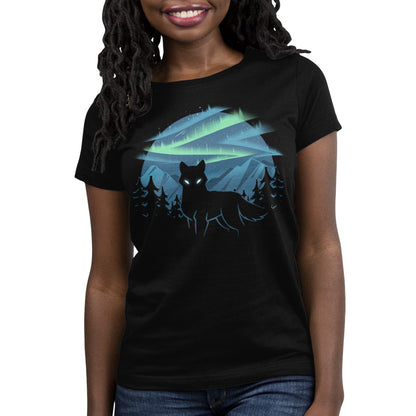 Premium Cotton T-shirt_A black apparel features a silhouette of a wolf with glowing eyes standing in front of a forest and mountains, with the wild aurora illuminating the night sky in the background. Made of super soft ringspun cotton, this Wild Aurora by monsterdigital is both comfortable and striking.