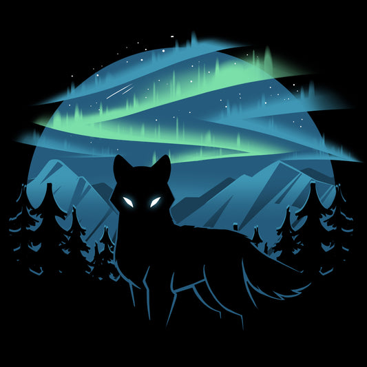 Premium Cotton T-shirt_A black apparel features a silhouette of a wolf with glowing eyes standing in front of a forest and mountains, with the wild aurora illuminating the night sky in the background. Made of super soft ringspun cotton, this Wild Aurora by monsterdigital is both comfortable and striking.