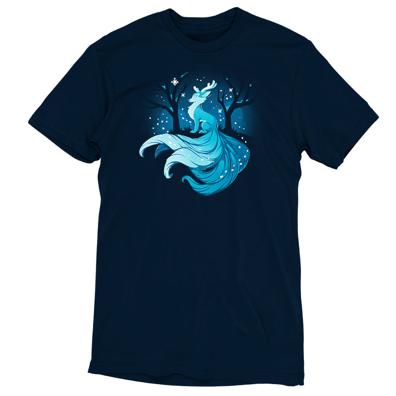 Premium Cotton T-shirt_TeeTurtle Winter Kitsune navy blue t-shirt featuring a blue, fox-like creature with antlers, long tails, and a flowing mane sitting in a snowy forest with bare trees.