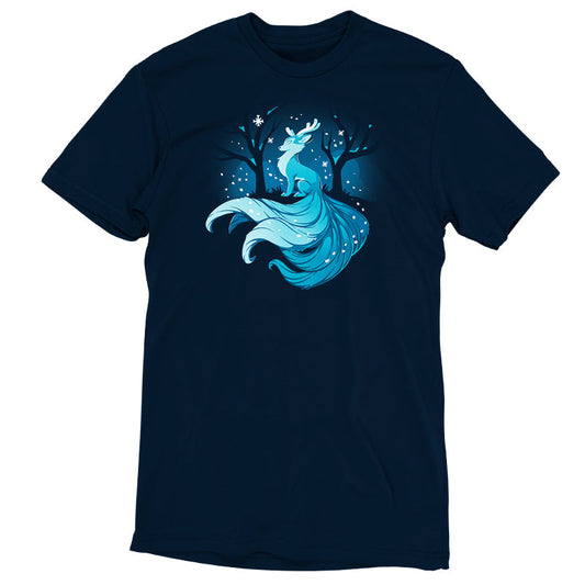 Premium Cotton T-shirt_TeeTurtle Winter Kitsune navy blue t-shirt featuring a blue, fox-like creature with antlers, long tails, and a flowing mane sitting in a snowy forest with bare trees.