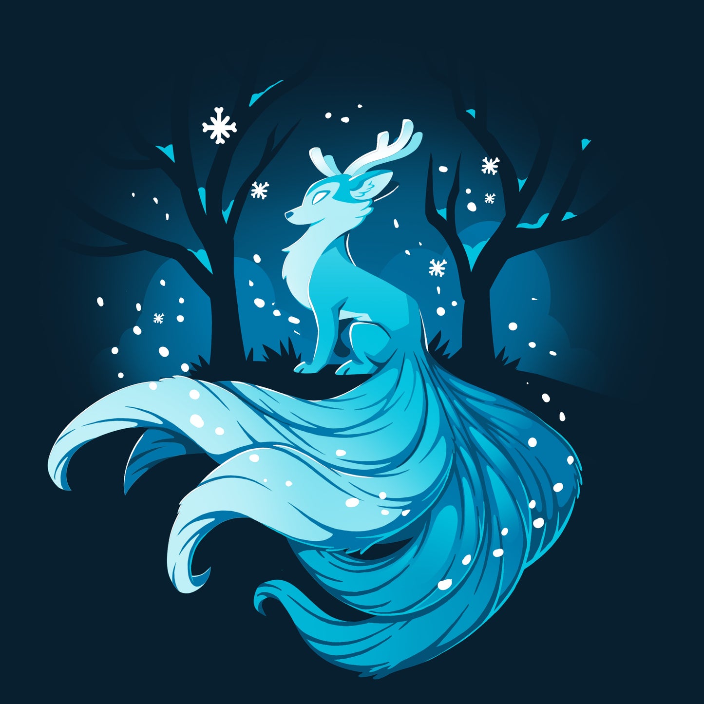 Premium Cotton T-shirt_TeeTurtle Winter Kitsune navy blue t-shirt featuring a blue, fox-like creature with antlers, long tails, and a flowing mane sitting in a snowy forest with bare trees.