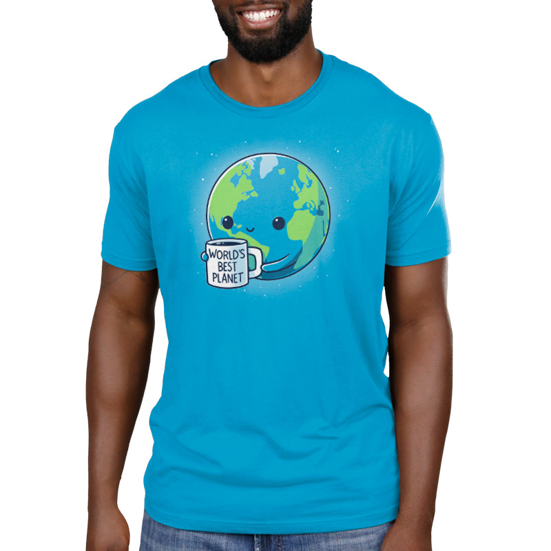 Premium Cotton T-shirt_Teeturtle World's Best Planet Cobalt Blue Featuring a cute cartoon-styled Earth holding a mug that reads 'World's Best Planet'.