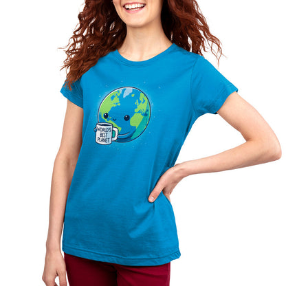 Premium Cotton T-shirt_Teeturtle World's Best Planet Cobalt Blue Featuring a cute cartoon-styled Earth holding a mug that reads 'World's Best Planet'.