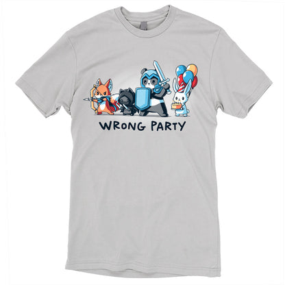 Premium Cotton T-shirt_A group of cartoon animals dressed as an archer fox, ninja cat, knight panda, and a rabbit holding balloons and cake. Text below reads "WRONG PARTY." This whimsical scene is printed on a monsterdigital Wrong Party apparel made from super soft ringspun cotton. Unisex apparelavailable.