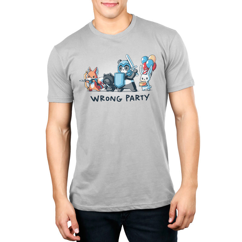 Premium Cotton T-shirt_A group of cartoon animals dressed as an archer fox, ninja cat, knight panda, and a rabbit holding balloons and cake. Text below reads "WRONG PARTY." This whimsical scene is printed on a monsterdigital Wrong Party apparel made from super soft ringspun cotton. Unisex apparelavailable.