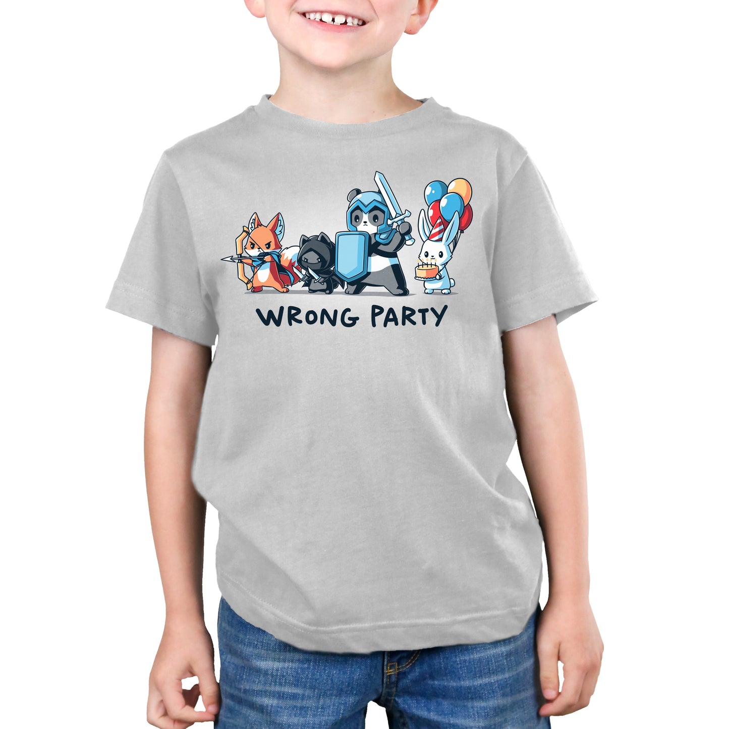 Premium Cotton T-shirt_A group of cartoon animals dressed as an archer fox, ninja cat, knight panda, and a rabbit holding balloons and cake. Text below reads "WRONG PARTY." This whimsical scene is printed on a monsterdigital Wrong Party apparel made from super soft ringspun cotton. Unisex apparelavailable.