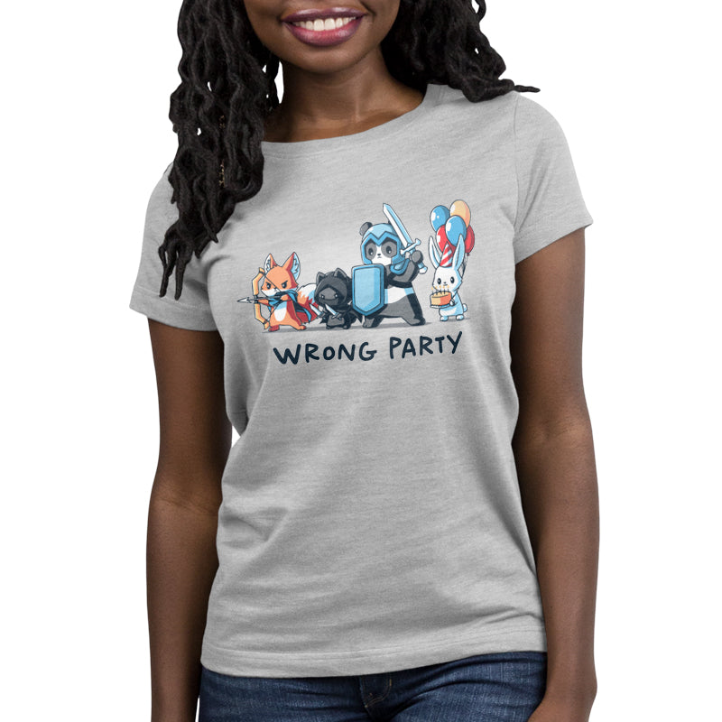 Premium Cotton T-shirt_A group of cartoon animals dressed as an archer fox, ninja cat, knight panda, and a rabbit holding balloons and cake. Text below reads "WRONG PARTY." This whimsical scene is printed on a monsterdigital Wrong Party apparel made from super soft ringspun cotton. Unisex apparelavailable.