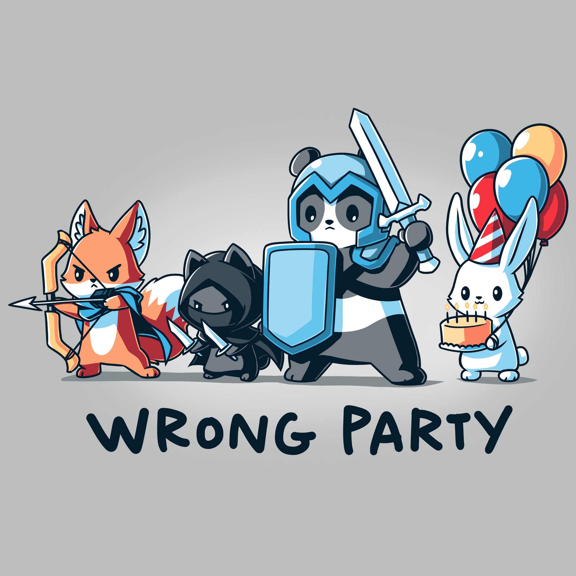 Premium Cotton T-shirt_A group of cartoon animals dressed as an archer fox, ninja cat, knight panda, and a rabbit holding balloons and cake. Text below reads "WRONG PARTY." This whimsical scene is printed on a monsterdigital Wrong Party apparel made from super soft ringspun cotton. Unisex apparelavailable.