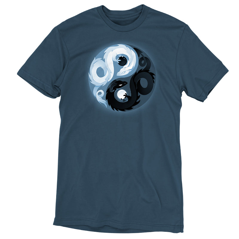 Premium Cotton T-shirt_Teeturtle Yin and Yang Dragons denim t-shirt featuring white and black dragon-like creatures intertwined in a symbol design.