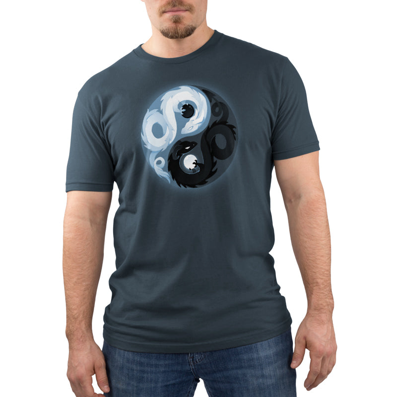 Premium Cotton T-shirt_Teeturtle Yin and Yang Dragons denim t-shirt featuring white and black dragon-like creatures intertwined in a symbol design.