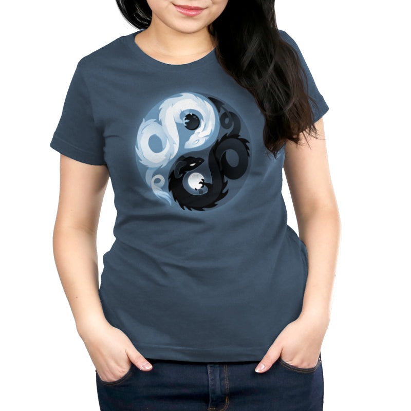 Premium Cotton T-shirt_Teeturtle Yin and Yang Dragons denim t-shirt featuring white and black dragon-like creatures intertwined in a symbol design.