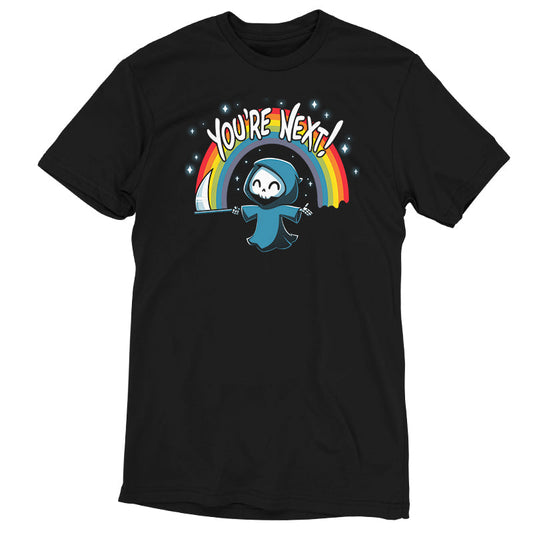 Premium Cotton T-shirt_TeeTurtle You're Next! black t-shirt featuring a cheerful Grim Reaper with a scythe under a rainbow and the text 