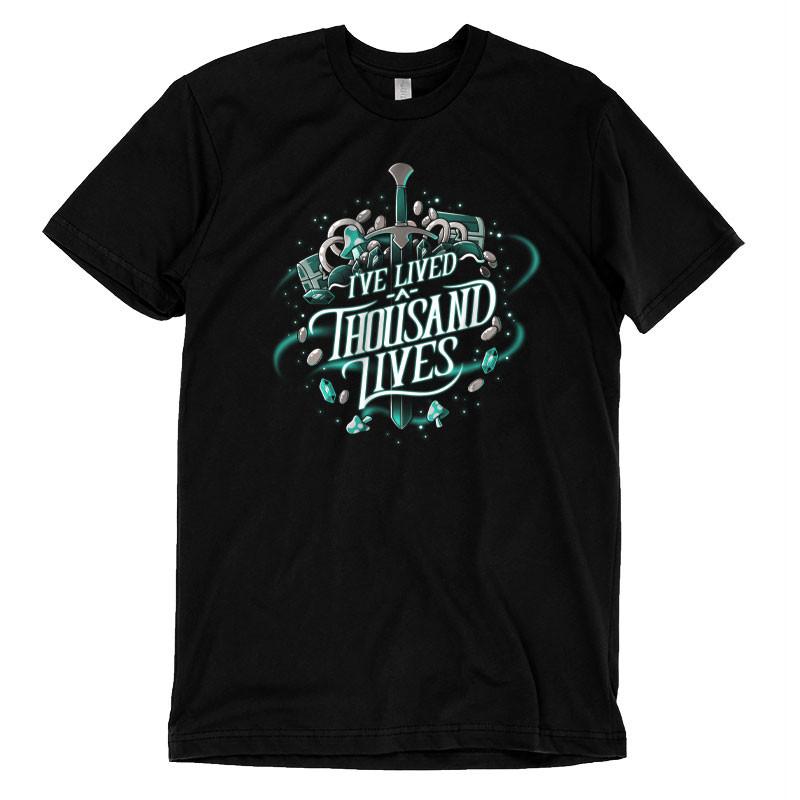 Premium Cotton T-shirt_TeeTurtle black I've Lived A Thousand Lives. Featuring text, 'I've Lived A Thousand Lives" surrounded by fantasy elements.