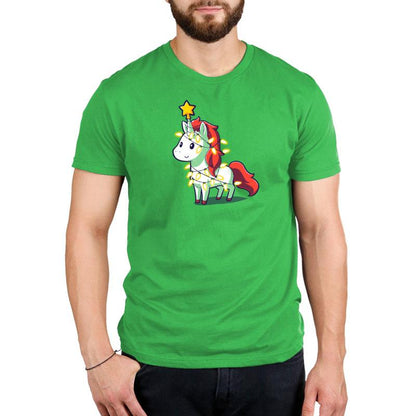 Premium Cotton T-shirt_TeeTurtle A Unicorny Christmas apple t-shirt featuring a white unicorn with red mane and tail with a star on its horn and Christmas lights around it.