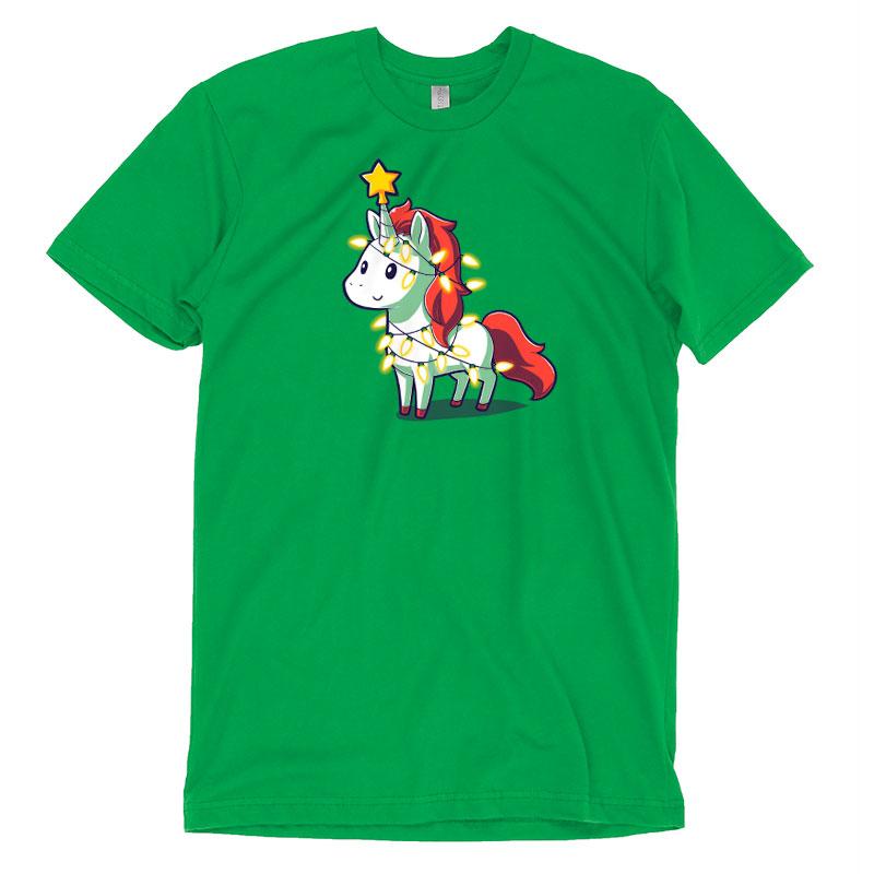 Premium Cotton T-shirt_TeeTurtle A Unicorny Christmas apple t-shirt featuring a white unicorn with red mane and tail with a star on its horn and Christmas lights around it.