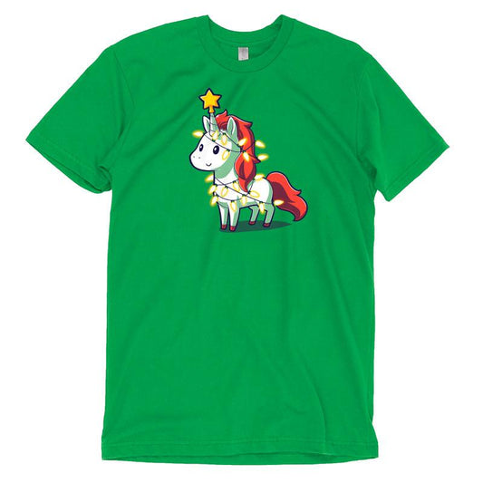 Premium Cotton T-shirt_TeeTurtle A Unicorny Christmas apple t-shirt featuring a white unicorn with red mane and tail with a star on its horn and Christmas lights around it.