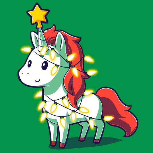 Premium Cotton T-shirt_TeeTurtle A Unicorny Christmas apple t-shirt featuring a white unicorn with red mane and tail with a star on its horn and Christmas lights around it.