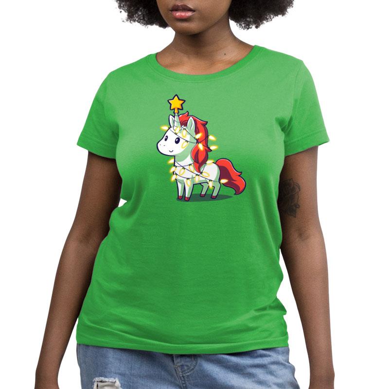 Premium Cotton T-shirt_TeeTurtle A Unicorny Christmas apple t-shirt featuring a white unicorn with red mane and tail with a star on its horn and Christmas lights around it.