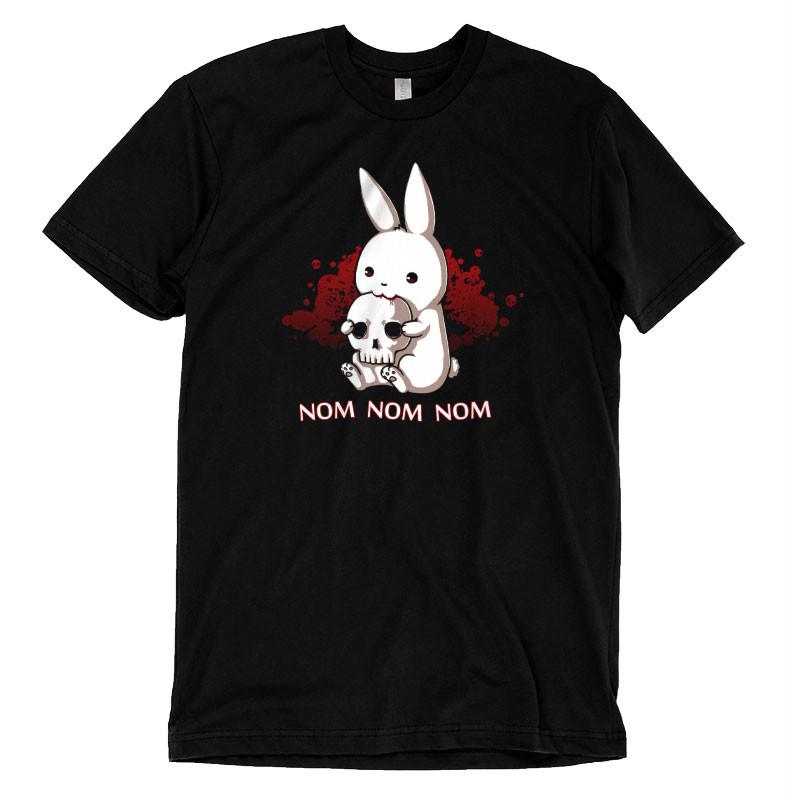 Premium Cotton T-shirt_TeeTurtle Adorable Monstrosity black t-shirt featuring an adorable bunny biting into a skull with the words "nom nom nom."