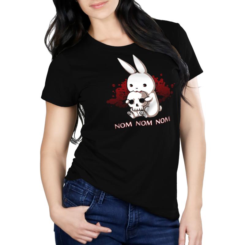 Premium Cotton T-shirt_TeeTurtle Adorable Monstrosity black t-shirt featuring an adorable bunny biting into a skull with the words "nom nom nom."