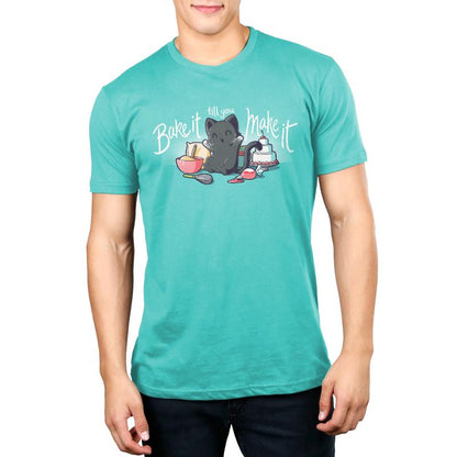 Premium Cotton T-shirt_Teeturtle Bake It Till You Make It caribbean blue t-shirt featuring a black cat with baking ingredients and tools, including bowls, a whisk, a piping bag, and a cake. The text reads "bake it till you make it."