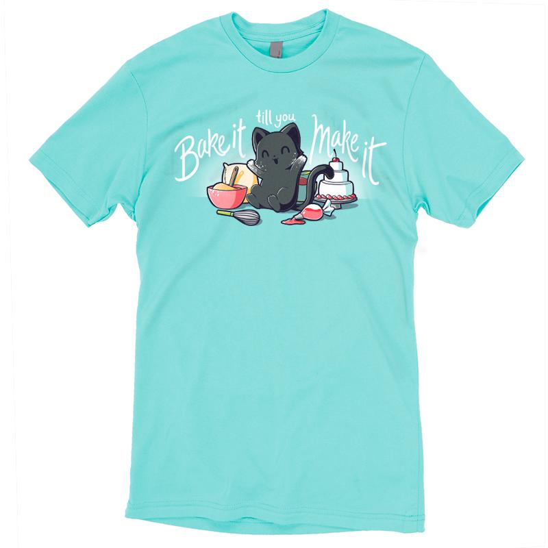 Premium Cotton T-shirt_Teeturtle Bake It Till You Make It caribbean blue t-shirt featuring a black cat with baking ingredients and tools, including bowls, a whisk, a piping bag, and a cake. The text reads "bake it till you make it."