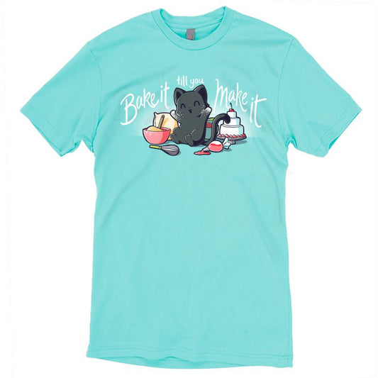 Premium Cotton T-shirt_Teeturtle Bake It Till You Make It caribbean blue t-shirt featuring a black cat with baking ingredients and tools, including bowls, a whisk, a piping bag, and a cake. The text reads 