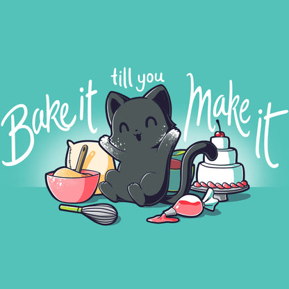 Premium Cotton T-shirt_Teeturtle Bake It Till You Make It caribbean blue t-shirt featuring a black cat with baking ingredients and tools, including bowls, a whisk, a piping bag, and a cake. The text reads "bake it till you make it."