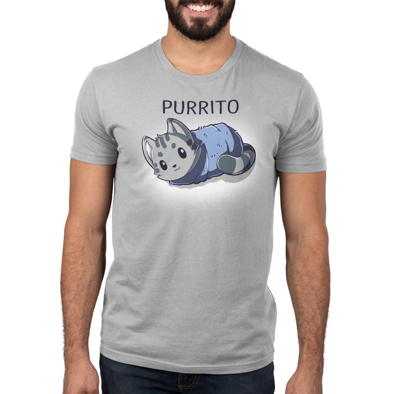 Premium Cotton T-shirt_TeeTurtle silver gray Blanket Purrito t-shirt featuring a gray cat wrapped in a blanket.