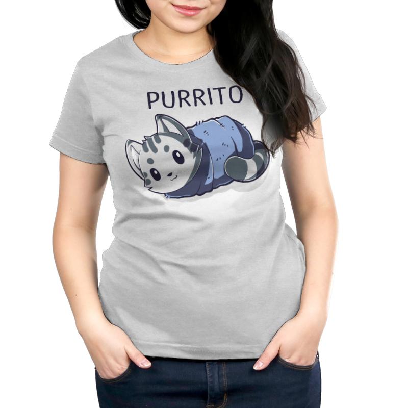 Premium Cotton T-shirt_TeeTurtle silver gray Blanket Purrito t-shirt featuring a gray cat wrapped in a blanket.