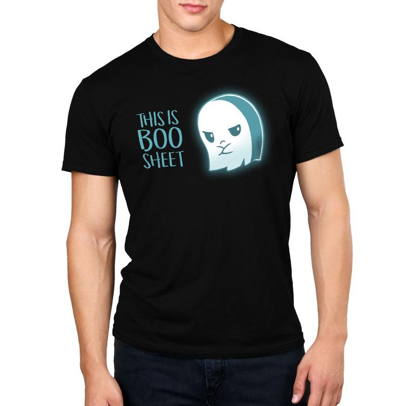 Premium Cotton T-shirt_TeeTurtle black Boo Sheet. Featuring a grumpy ghost saying, "This is Boo Sheet".