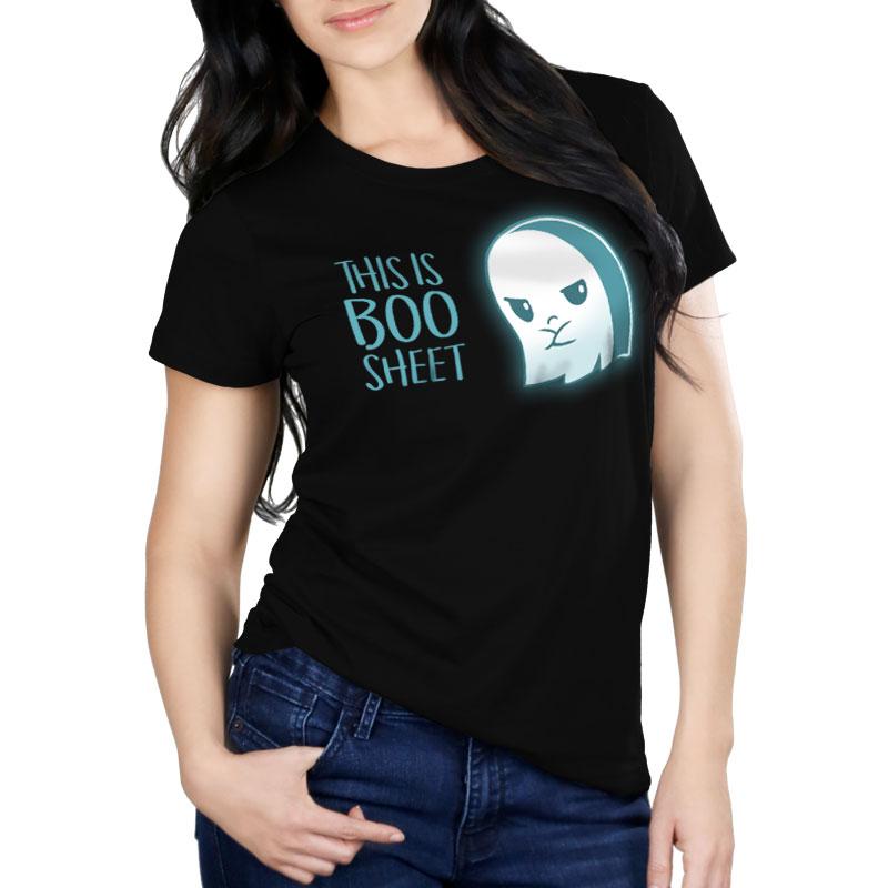 Premium Cotton T-shirt_TeeTurtle black Boo Sheet. Featuring a grumpy ghost saying, "This is Boo Sheet".