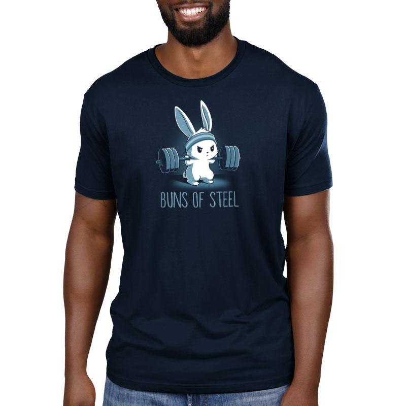 Premium Cotton T-shirt_Illustration of a determined cartoon bunny wearing a headband and lifting a heavy barbell, with the caption "Buns of Steel" below. Printed on a super soft ringspun cotton navy blue apparel, the Buns of Steel by monsterdigital.