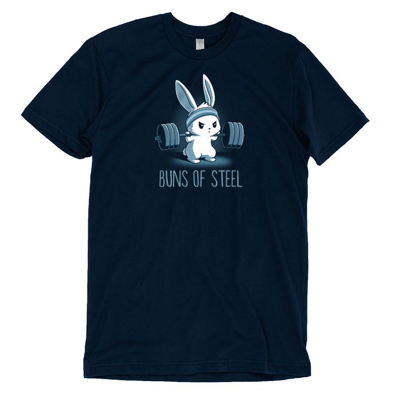 Premium Cotton T-shirt_Illustration of a determined cartoon bunny wearing a headband and lifting a heavy barbell, with the caption "Buns of Steel" below. Printed on a super soft ringspun cotton navy blue apparel, the Buns of Steel by monsterdigital.