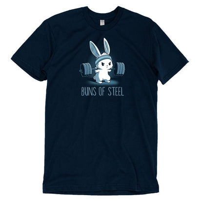 Premium Cotton T-shirt_Illustration of a determined cartoon bunny wearing a headband and lifting a heavy barbell, with the caption "Buns of Steel" below. Printed on a super soft ringspun cotton navy blue apparel, the Buns of Steel by monsterdigital.