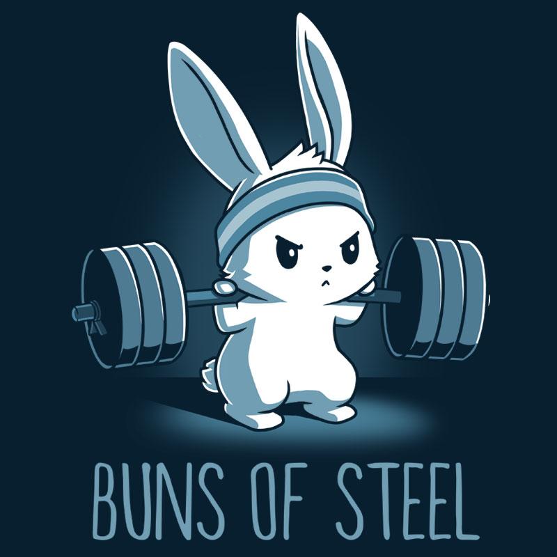 Premium Cotton T-shirt_Illustration of a determined cartoon bunny wearing a headband and lifting a heavy barbell, with the caption "Buns of Steel" below. Printed on a super soft ringspun cotton navy blue apparel, the Buns of Steel by monsterdigital.