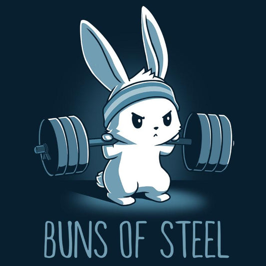 Premium Cotton T-shirt_Illustration of a determined cartoon bunny wearing a headband and lifting a heavy barbell, with the caption 