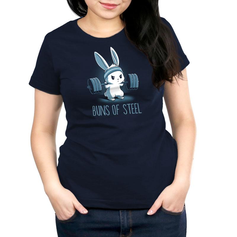 Premium Cotton T-shirt_Illustration of a determined cartoon bunny wearing a headband and lifting a heavy barbell, with the caption "Buns of Steel" below. Printed on a super soft ringspun cotton navy blue apparel, the Buns of Steel by monsterdigital.