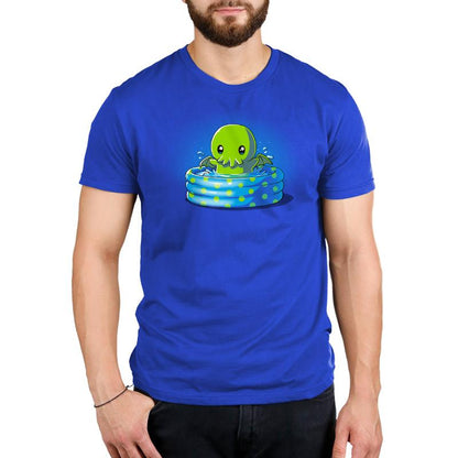 Premium Cotton T-shirt_TeeTurtle royal blue Call of the Kiddie Pool. Featuring a chibi Cthulhu in a blue kidde pool with green polka dots.