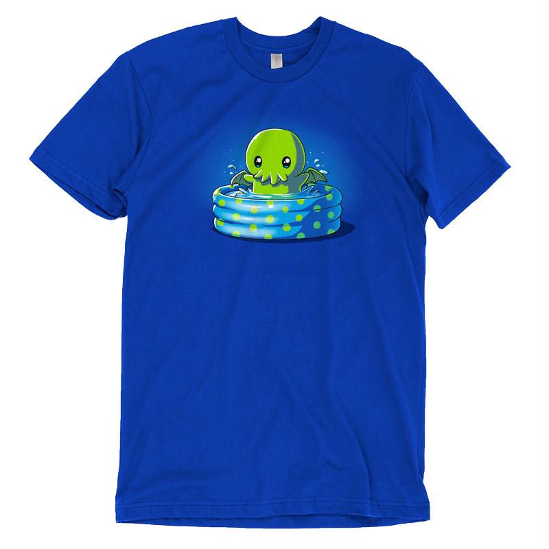 Premium Cotton T-shirt_TeeTurtle royal blue Call of the Kiddie Pool. Featuring a chibi Cthulhu in a blue kidde pool with green polka dots.