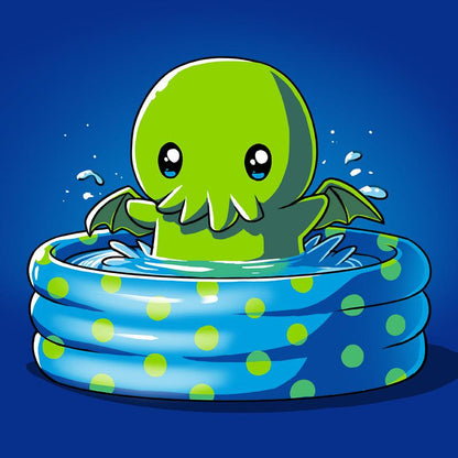 Premium Cotton T-shirt_TeeTurtle royal blue Call of the Kiddie Pool. Featuring a chibi Cthulhu in a blue kidde pool with green polka dots.