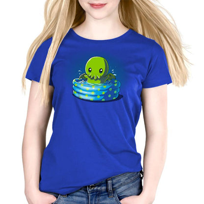 Premium Cotton T-shirt_TeeTurtle royal blue Call of the Kiddie Pool. Featuring a chibi Cthulhu in a blue kidde pool with green polka dots.