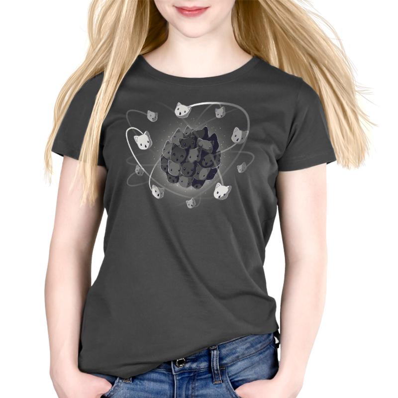 Premium Cotton T-shirt_TeeTurtle charcoal gray Cat-ion. Featuring a nucleus made out of cat faces with other atoms made out of cat faces orbiting it.