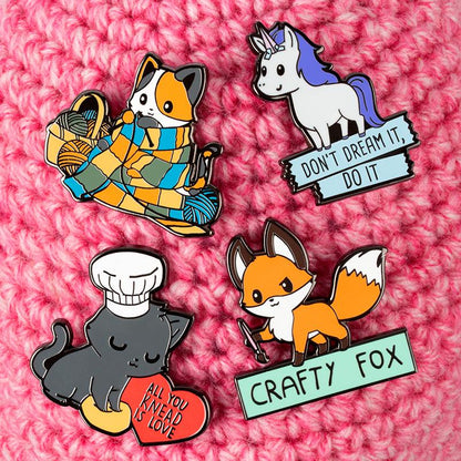 Crafty TeeTurtle enamel pins with unique dimensions.