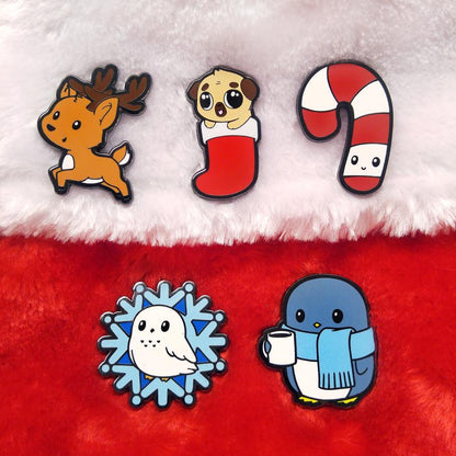 Limited time Christmas Snowy Owl Pins featuring a Santa Claus and reindeer by TeeTurtle.