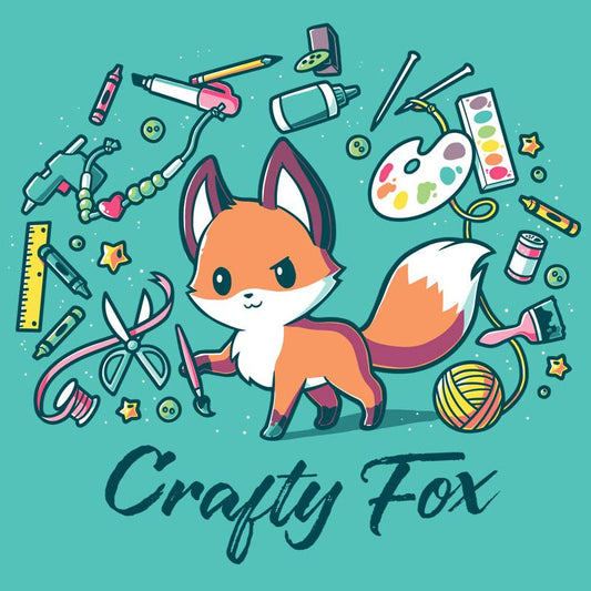 Premium Cotton T-shirt_TeeTurtle Crafty Fox caribbean blue t-shirt featuring a cute fox holding a brush in its forepaw and surrounded by yarn, scissors, ribbon, paint and many other crafting items.